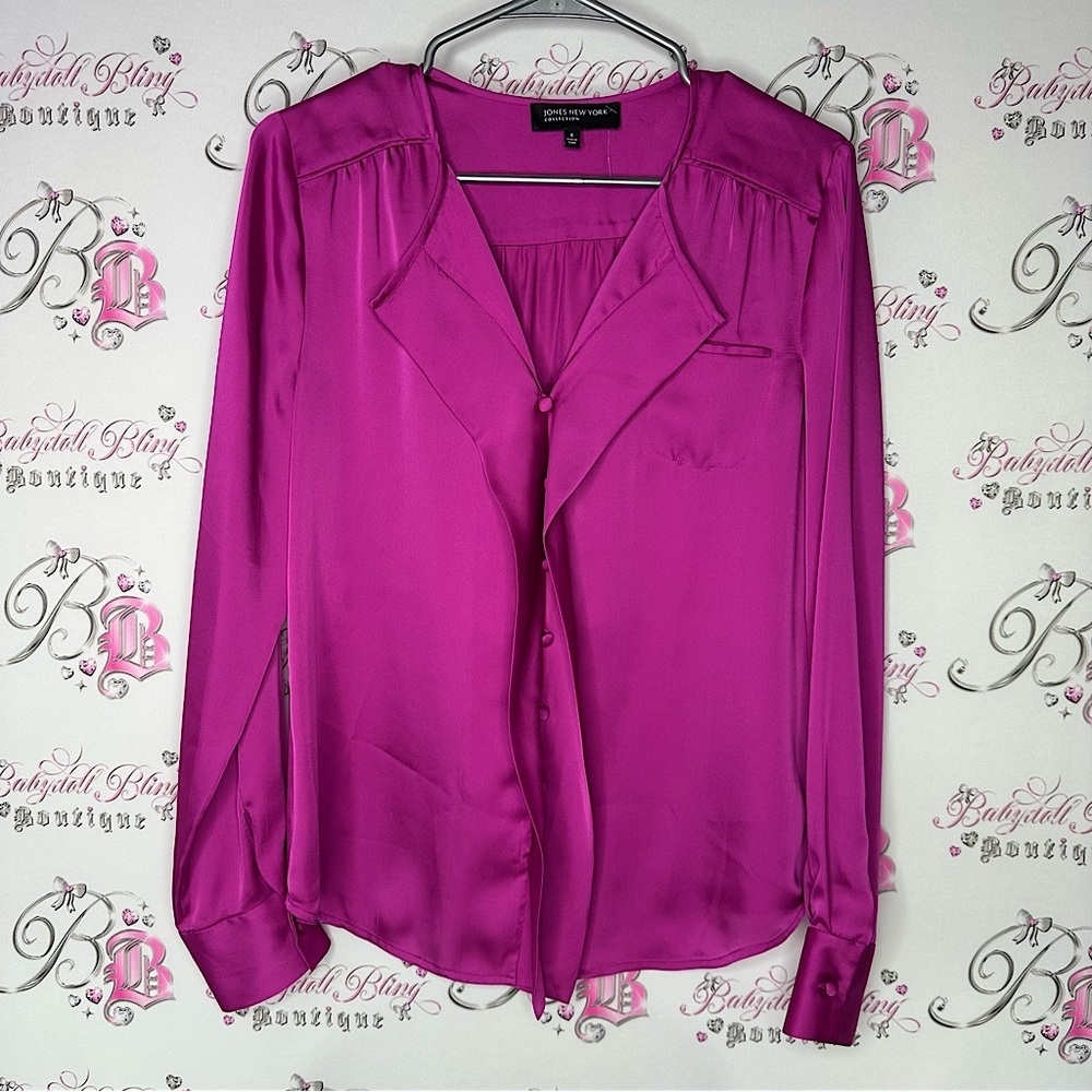 Jones New York blouse purple pink slinky fabric shimmer soft button up luxury